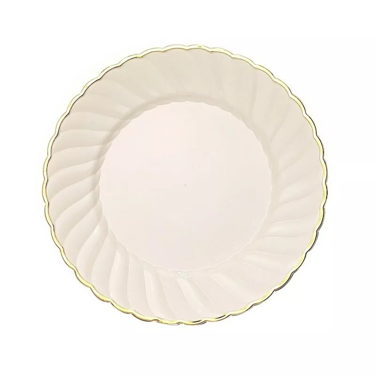10 Round 10" Ivory Plastic Salad Dinner Plates Gold Swirl Design Rim Party